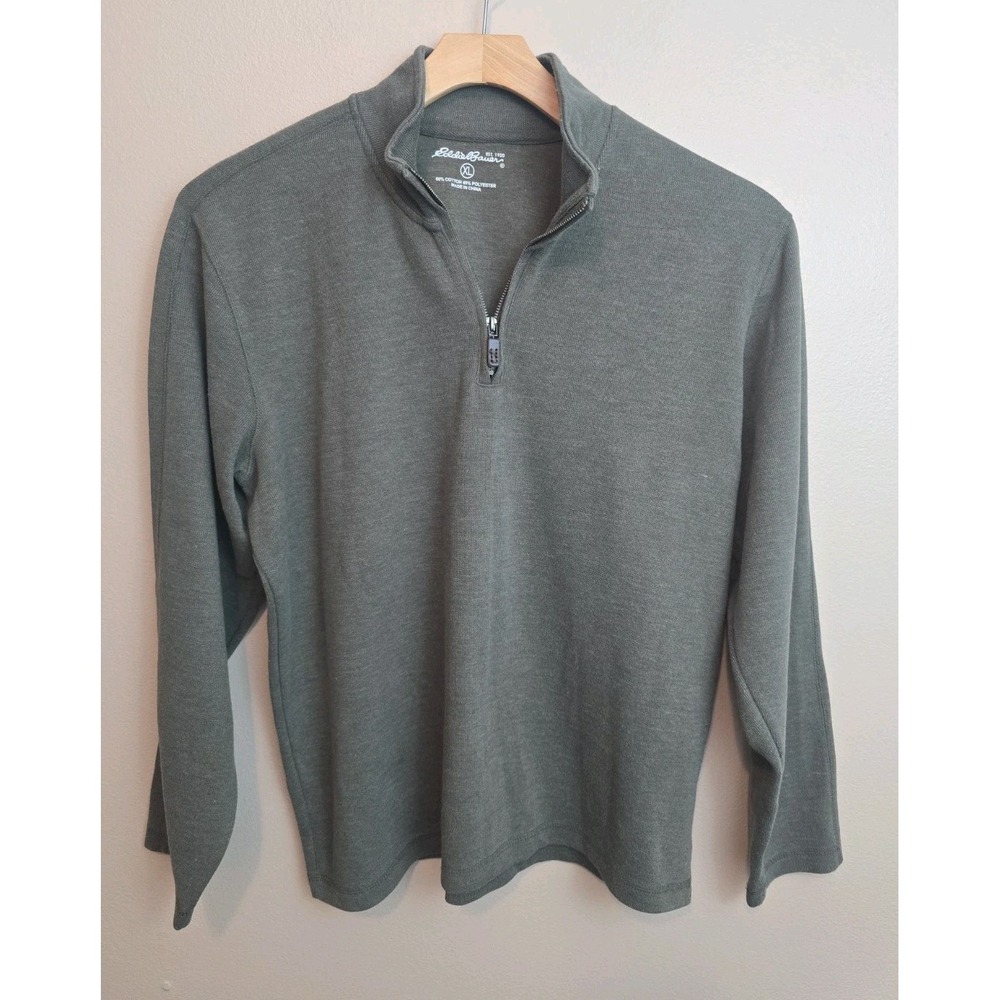 Vintage Eddie Bauer Sweater Mens XL Gray Green 1/4 Zip Mock Neck Ribbed Knit